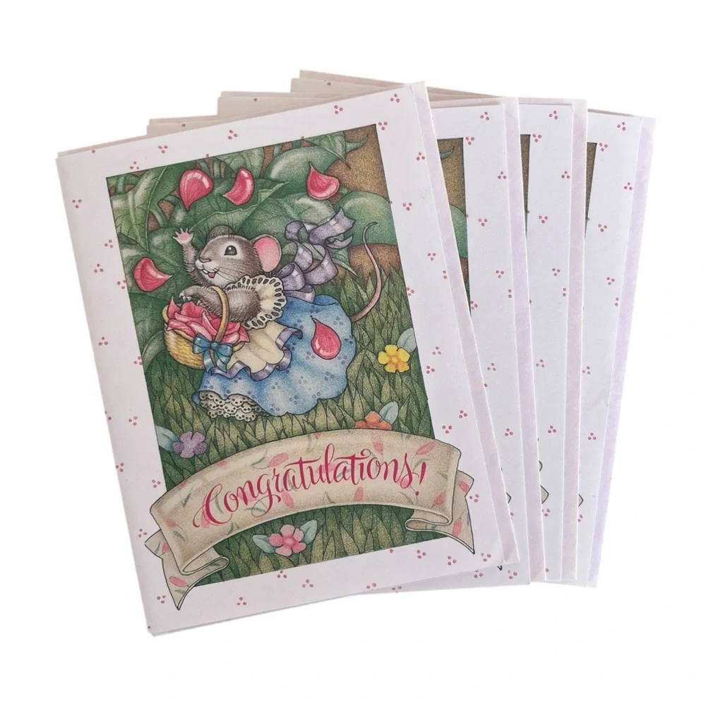 Vintage Whitings Congratulations Cards Cottagecore Mouse Flower Girl Envelopes